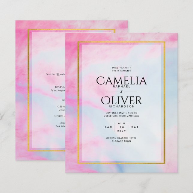 LeahG Pink Aqua Blue Gold INK Wedding INVITE (Vorne/Hinten)