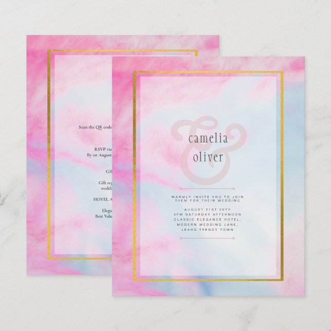LeahG Pink Aqua Blue Gold INK Wedding INVITE (Vorne/Hinten)