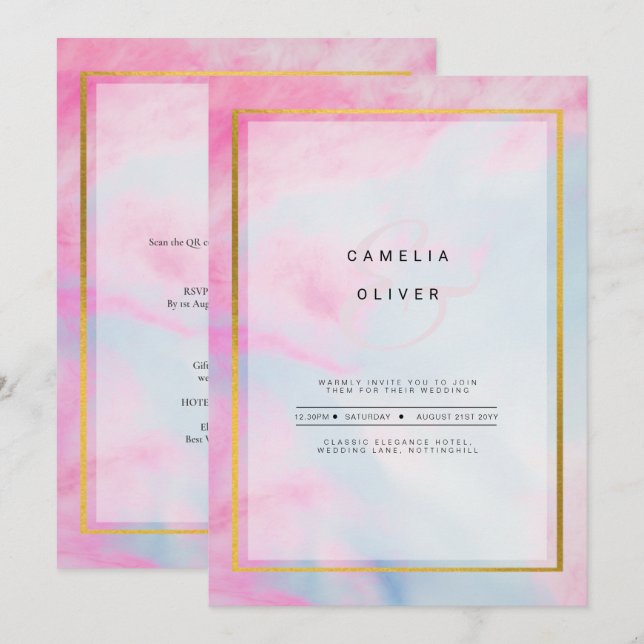 LeahG Pink Aqua Blue Gold INK Wedding INVITE Einladung (Vorne/Hinten)