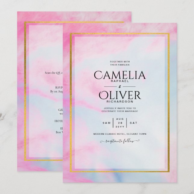 LeahG Pink Aqua Blue Gold INK Wedding INVITE Einladung (Vorne/Hinten)