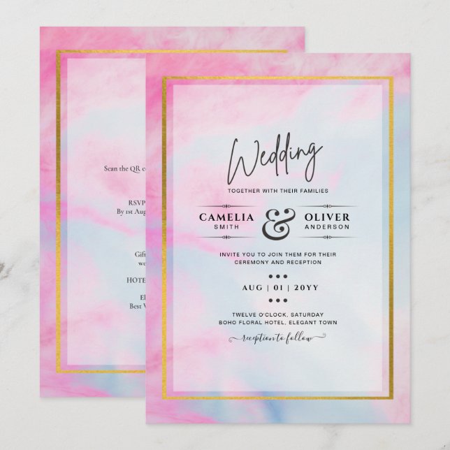 LeahG Pink Aqua Blue Gold INK Wedding INVITE Einladung (Vorne/Hinten)