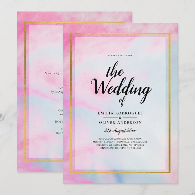 LeahG Pink Aqua Blue Gold INK Wedding INVITE Einladung (Vorne/Hinten)
