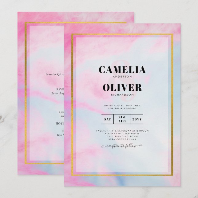 LeahG Pink Aqua Blue Gold INK Wedding INVITE Einladung (Vorne/Hinten)