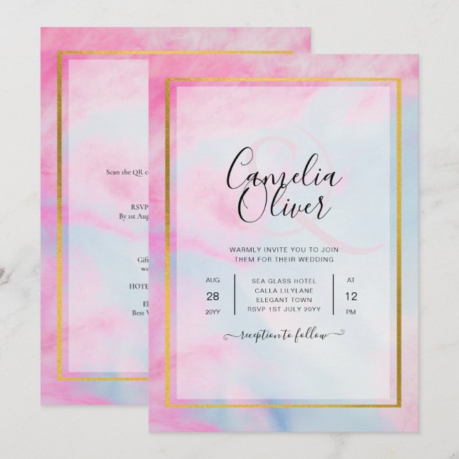 LeahG Pink Aqua Blue Gold INK Wedding INVITE Einladung (Vorne/Hinten)