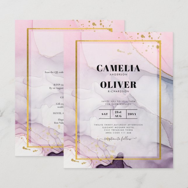LeahG Pink Lila Lavender Gold INK Wedding INVITE (Vorne/Hinten)
