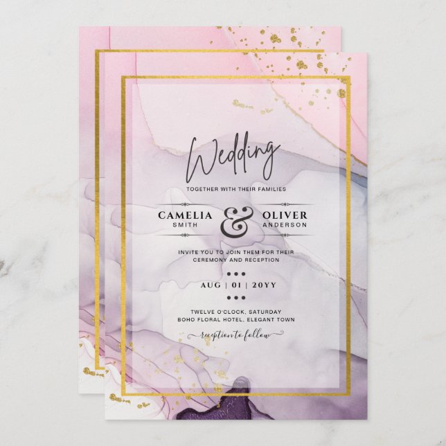 LeahG Pink Lila Lavender Gold INK Wedding INVITE Einladung (Vorne/Hinten)