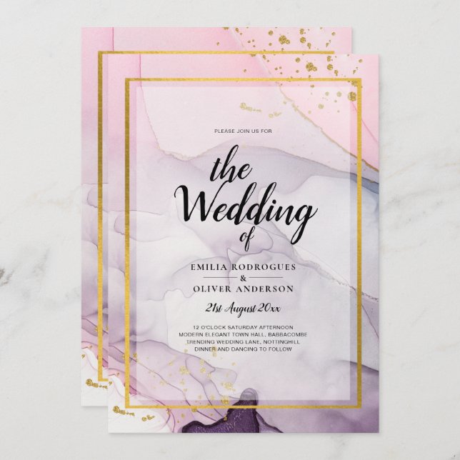 LeahG Pink Lila Lavender Gold INK Wedding INVITE Einladung (Vorne/Hinten)
