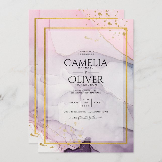 LeahG Pink Lila Lavender Gold INK Wedding INVITE Einladung (Vorne/Hinten)