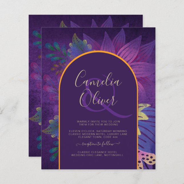LeahG Plum Lila Gold JEWEL TONES Wedding INVITE (Vorne/Hinten)