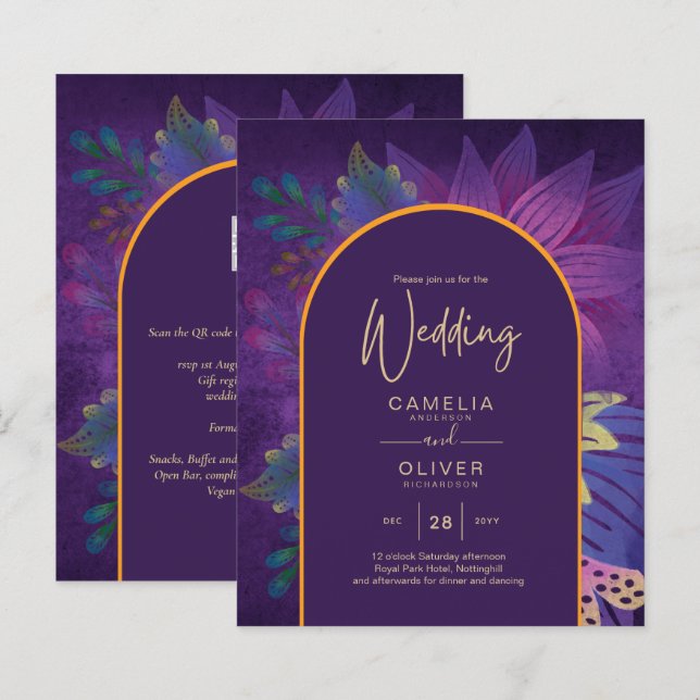 LeahG Plum Lila Gold JEWEL TONES Wedding INVITE (Vorne/Hinten)