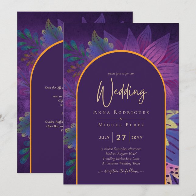 LeahG Plum Lila Gold JEWEL TONES Wedding INVITE Einladung (Vorne/Hinten)