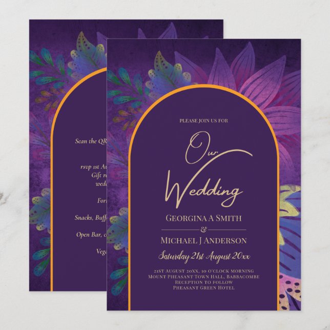 LeahG Plum Lila Gold JEWEL TONES Wedding INVITE Einladung (Vorne/Hinten)