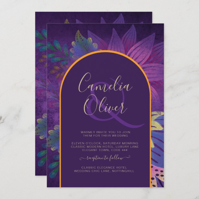 LeahG Plum Lila Gold JEWEL TONES Wedding INVITE Einladung (Vorne/Hinten)