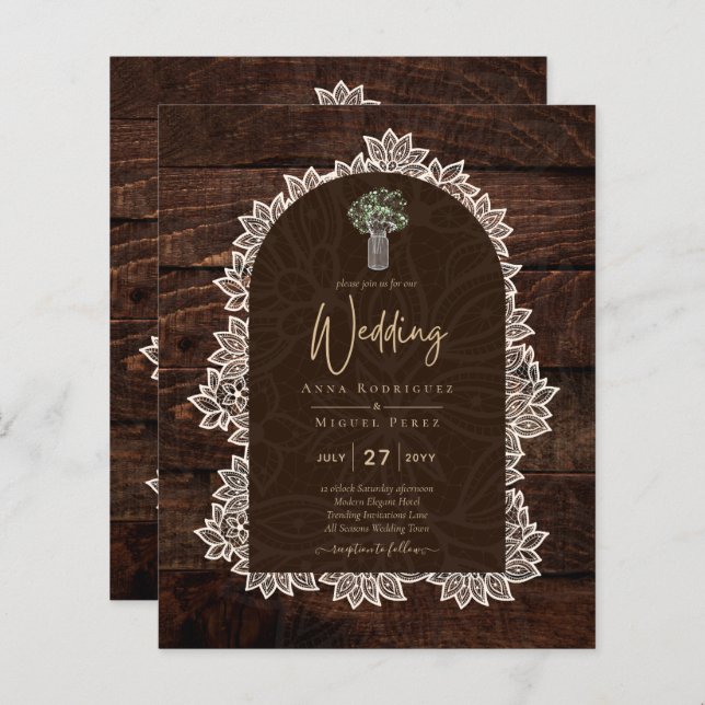 LeahG Rustic Lace Gypsophila Wood Wedding INVITE (Vorne/Hinten)
