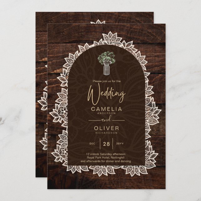 LeahG Rustic Lace Gypsophila Wood Wedding INVITE Einladung (Vorne/Hinten)