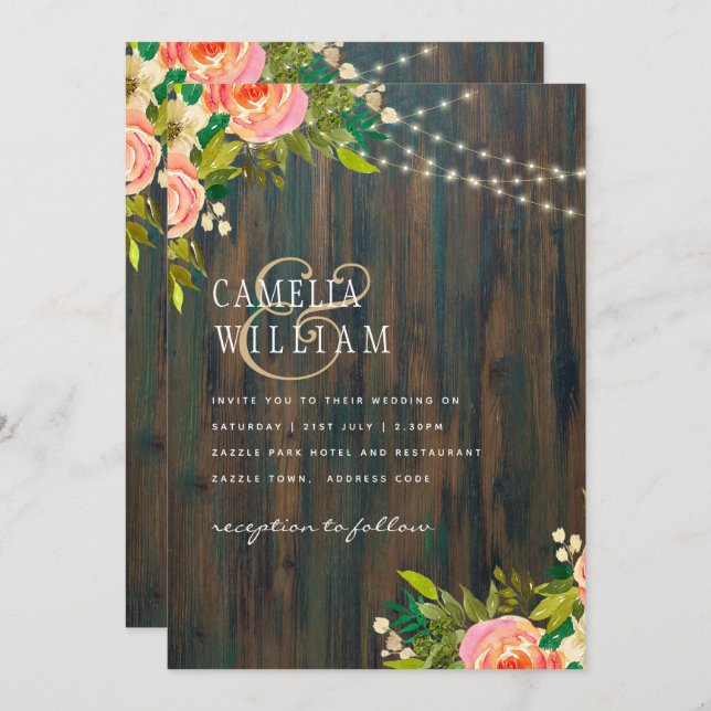 LeahG Rustic Wood Peach Coral Floral Wedding Einladung (Vorne/Hinten)