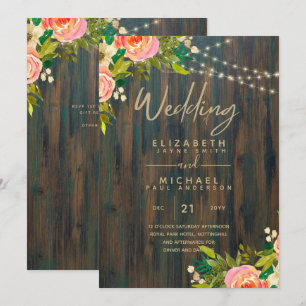 LeahG Rustic Wood Peach Coral Floral Wedding Einladung