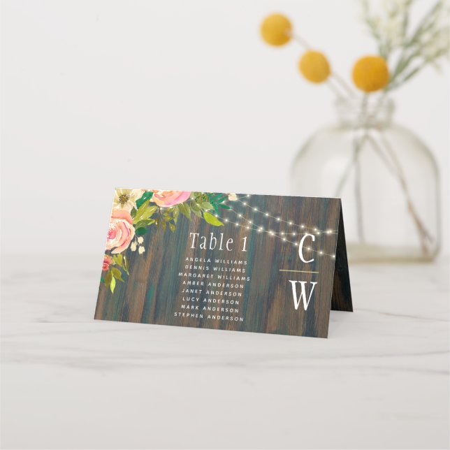 LeahG Rustic Wood Peach Coral Floral Wedding Platzkarte (Vorderseite)