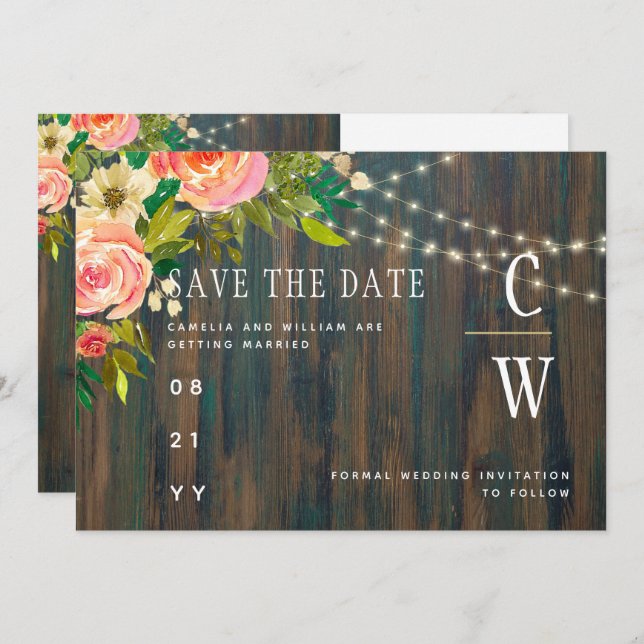 LeahG Rustic Wood Peach Coral Floral Wedding Save The Date (Vorne/Hinten)