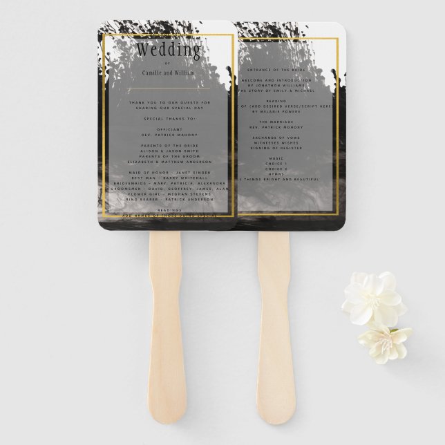 LeahG Schwarz-weiß Gold INK Wedding Program Fächer (Vorne und Hinten)