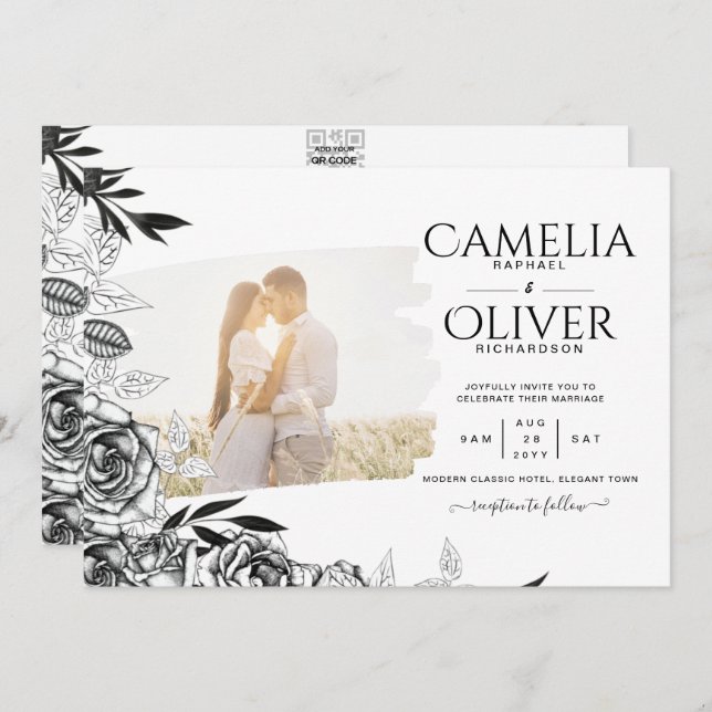 LeahG Schwarz-weiß Rose Foto Overlay Wedding Einladung (Vorne/Hinten)