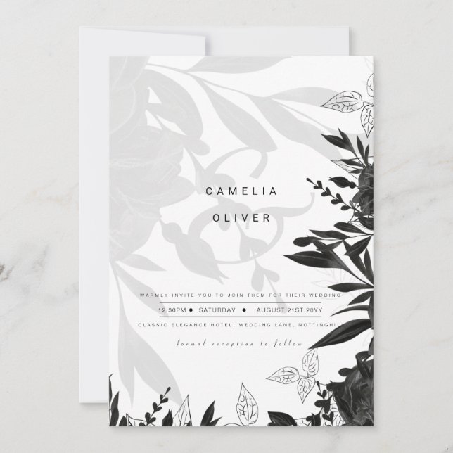 LeahG Schwarz-weiße Rose Hochzeitbudget Einladung (Vorderseite)