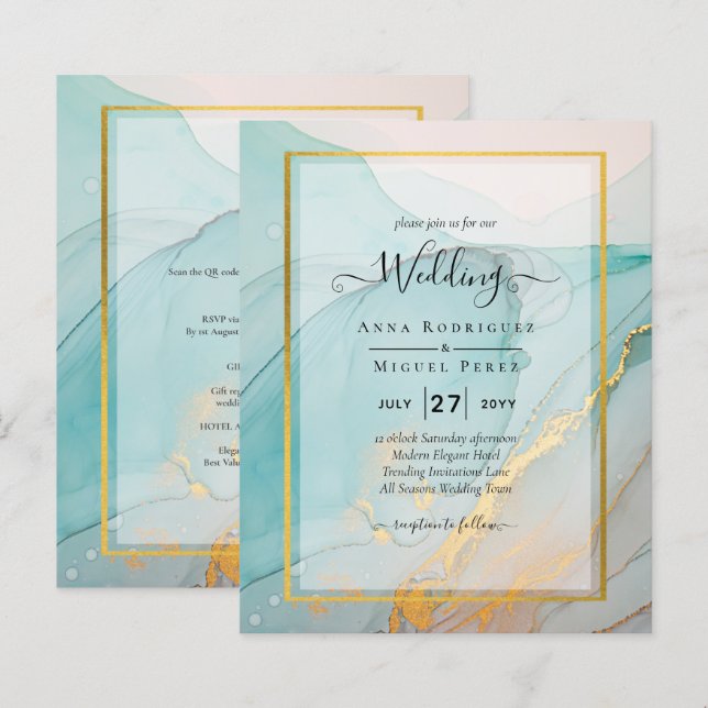 LeahG Sea Glass Aquamarin Gold INK Wedding INVITE (Vorne/Hinten)