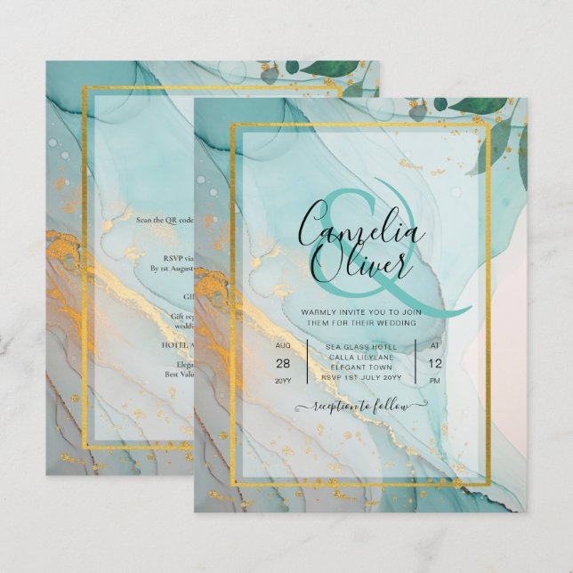 LeahG Sea Glass Aquamarin Gold INK Wedding INVITE (Vorne/Hinten)