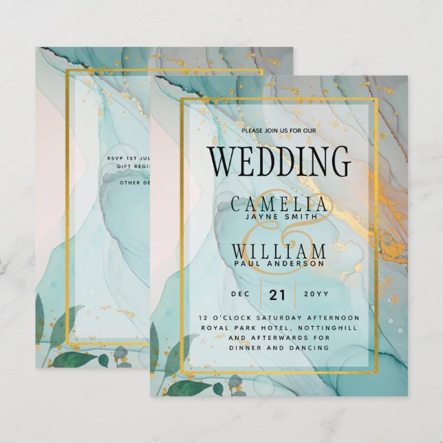 LeahG Sea Glass Aquamarin Gold INK Wedding INVITE (Vorne/Hinten)