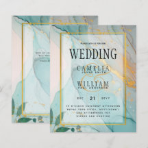 LeahG Sea Glass Aquamarin Gold INK Wedding INVITE