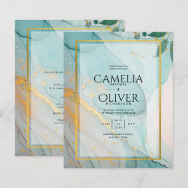 LeahG Sea Glass Aquamarin Gold INK Wedding INVITE