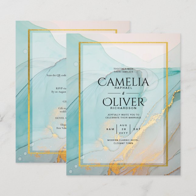 LeahG Sea Glass Aquamarin Gold INK Wedding INVITE (Vorne/Hinten)