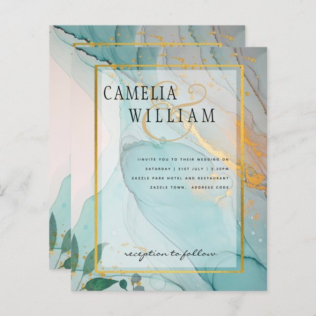 LeahG Sea Glass Aquamarin Gold INK Wedding INVITE (Vorne/Hinten)