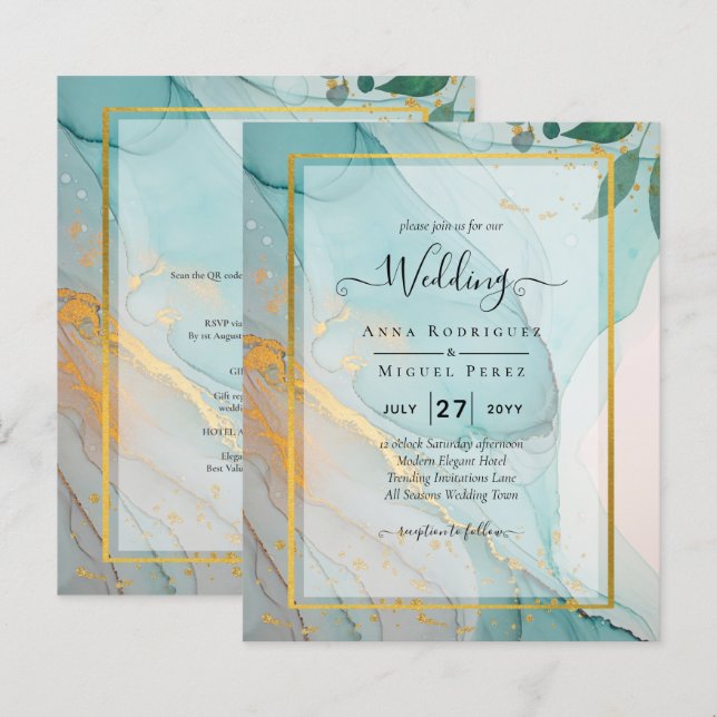 LeahG Sea Glass Aquamarin Gold INK Wedding INVITE (Vorne/Hinten)