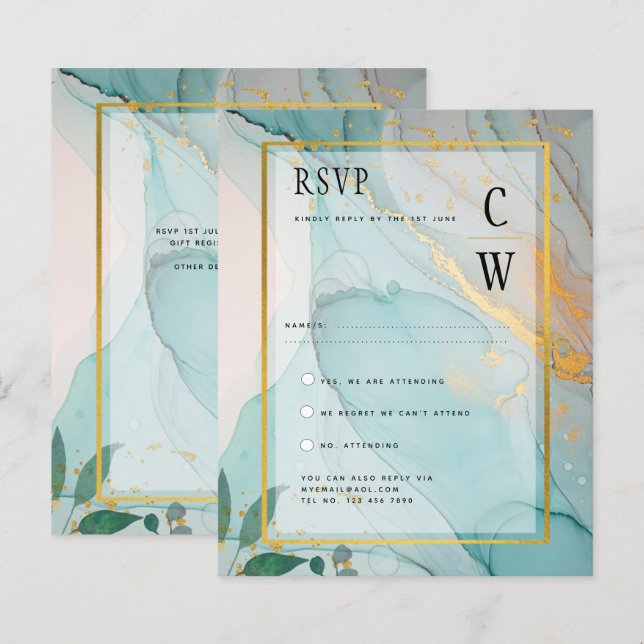 LeahG Sea Glass Aquamarin Gold INK Wedding INVITE (Vorne/Hinten)