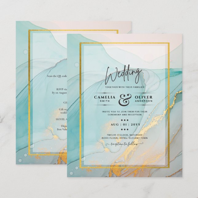 LeahG Sea Glass Aquamarin Gold INK Wedding INVITE (Vorne/Hinten)