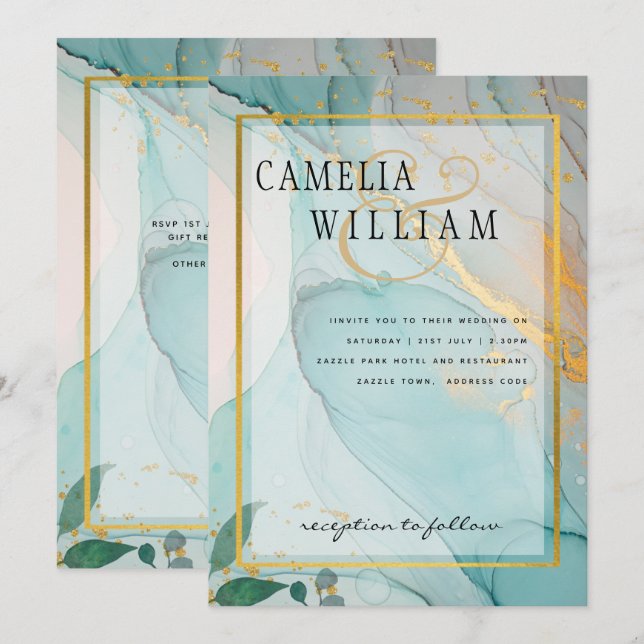 LeahG Sea Glass Aquamarin Gold INK Wedding INVITE Einladung (Vorne/Hinten)