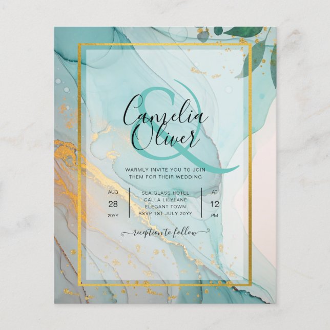 LeahG Sea Glass Aquamarin Gold INK Wedding INVITE Flyer (Vorne)