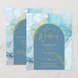 LeahG Sea Glass Gold Ink Aqua Blue Wedding INVITE