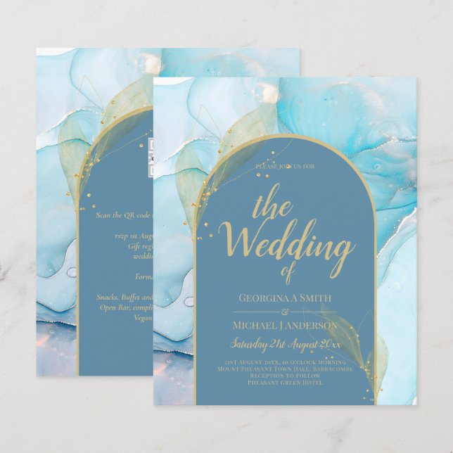 LeahG Sea Glass Gold Ink Aqua Blue Wedding INVITE (Vorne/Hinten)