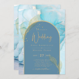 LeahG Sea Glass Gold Ink Aqua Blue Wedding INVITE Einladung