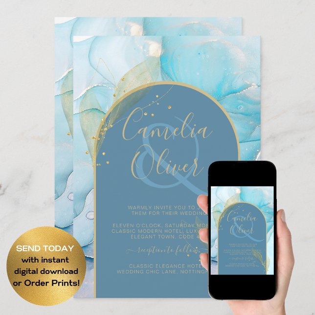 LeahG Sea Glass Gold Ink Aqua Blue Wedding INVITE Einladung (Von Creator hochgeladen)