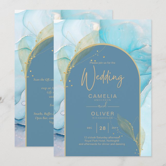 LeahG Sea Glass Gold Ink Aqua Blue Wedding INVITE Einladung (Vorne/Hinten)
