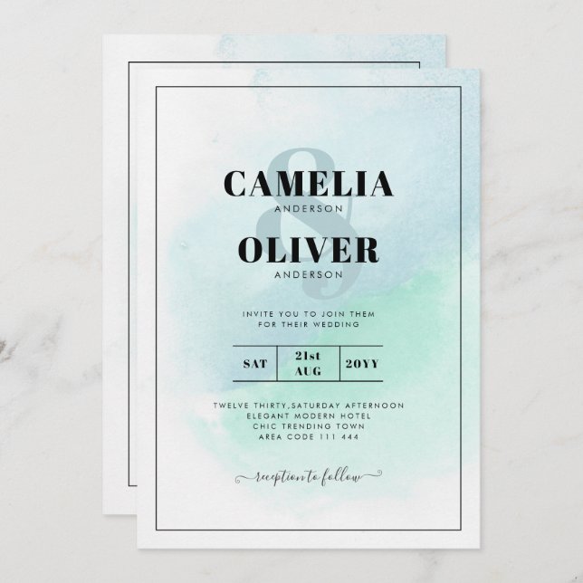 LeahG Sea Glass Türkis Aquamarin Blue Wedding INVI Einladung (Vorne/Hinten)