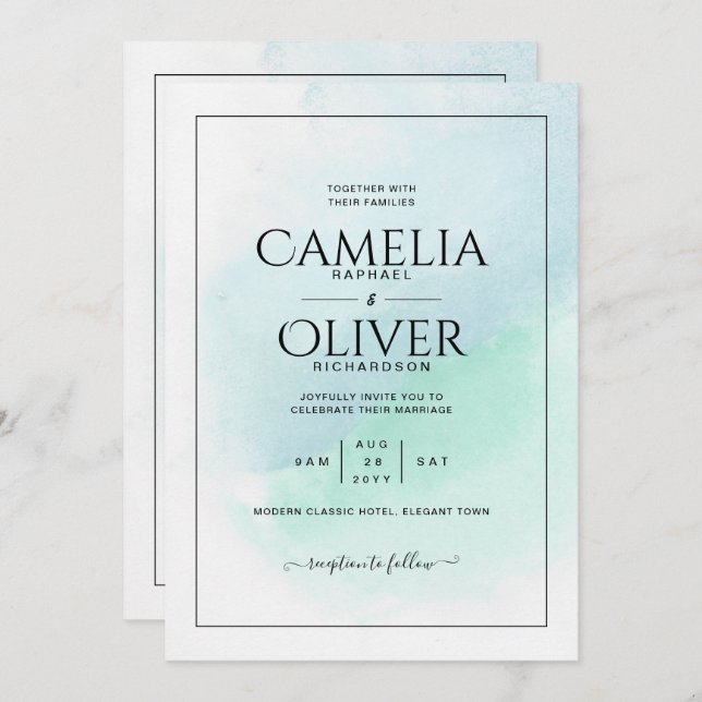 LeahG Sea Glass Türkis Aquamarin Blue Wedding INVI Einladung (Vorne/Hinten)