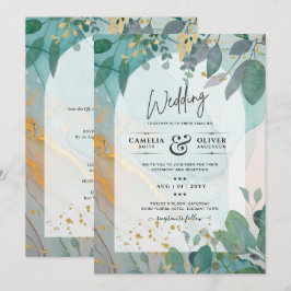 LeahG Seaglass Ink Aquamarin Gold Greenery Wedding Einladung
