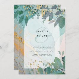 LeahG Seaglass Ink Aquamarin Gold Greenery Wedding Einladung