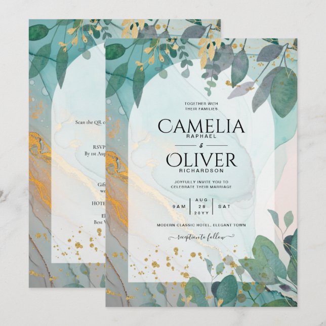 LeahG Seaglass Ink Aquamarin Gold Greenery Wedding Einladung (Vorne/Hinten)