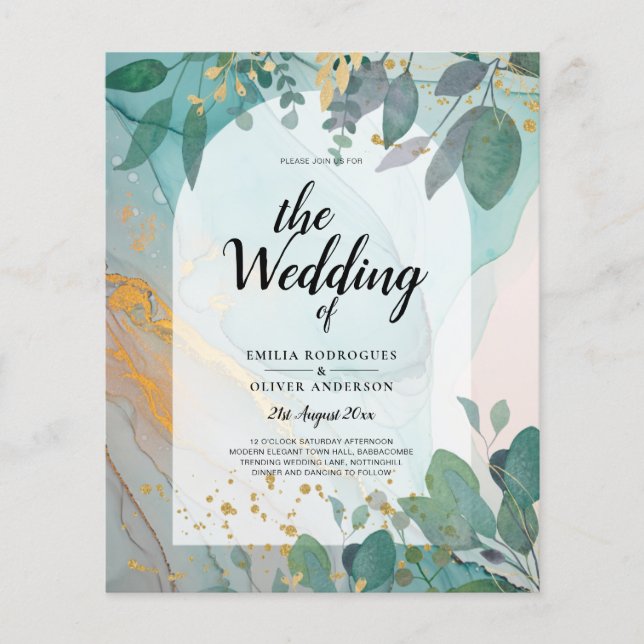 LeahG Seaglass Ink Aquamarin Gold Greenery Wedding Flyer (Vorne)