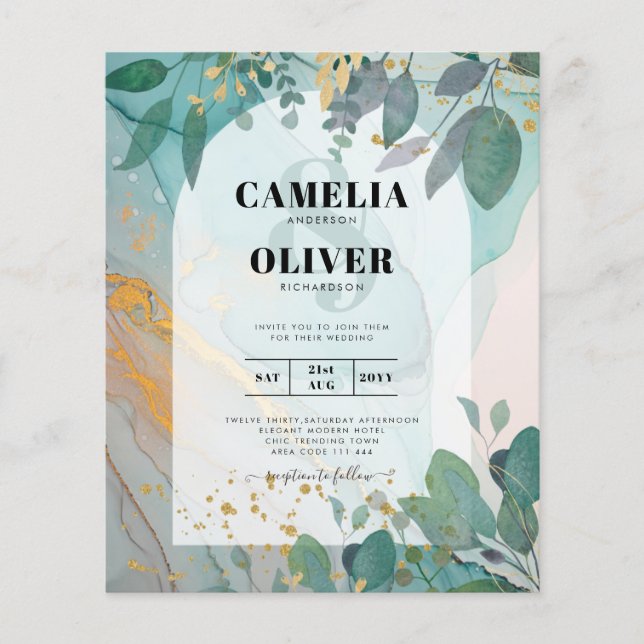 LeahG Seaglass Ink Aquamarin Gold Greenery Wedding Flyer (Vorne)